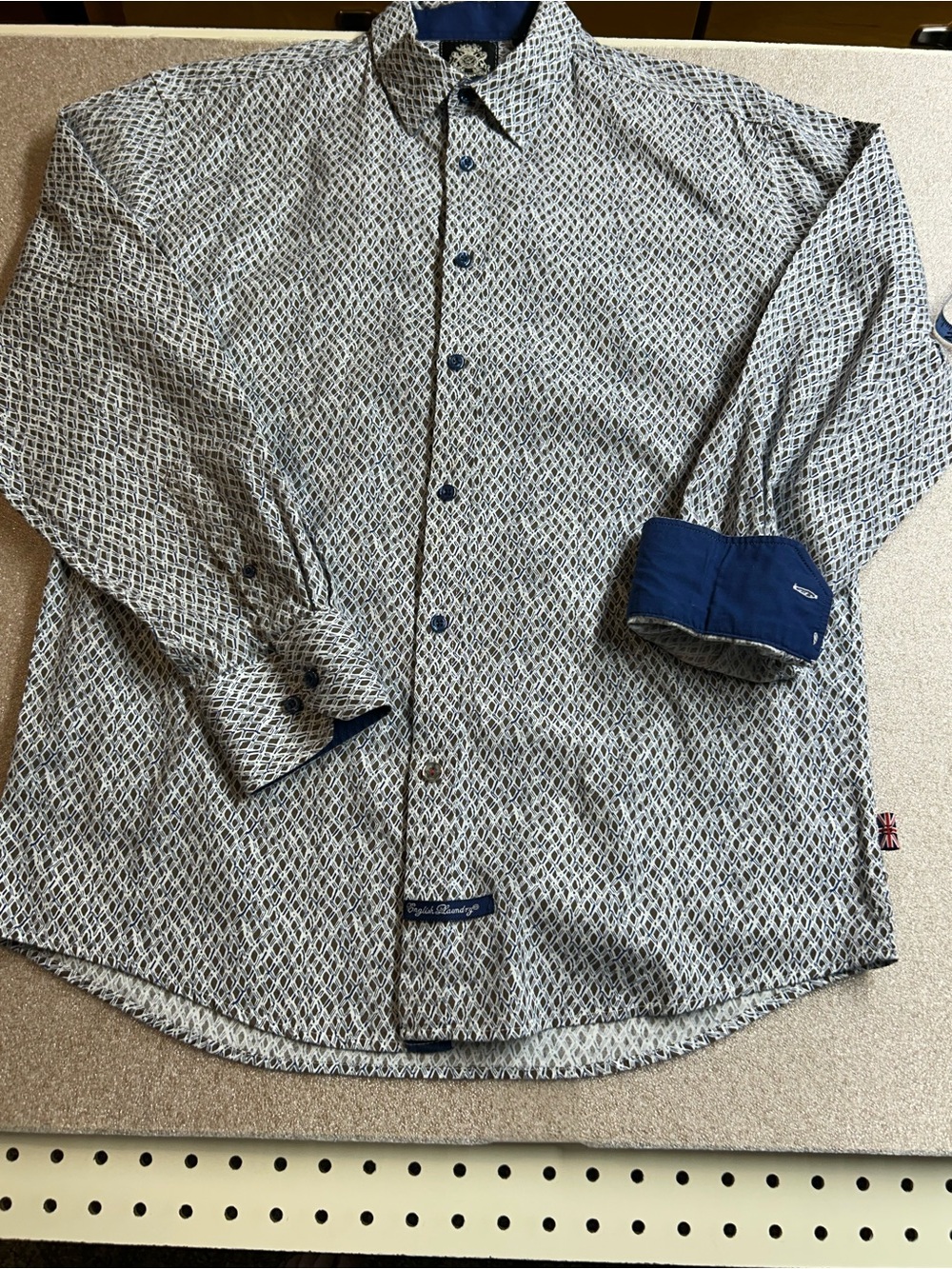 English Laundry Geometric Print Shirt with Navy Cuffs and Collar Accents